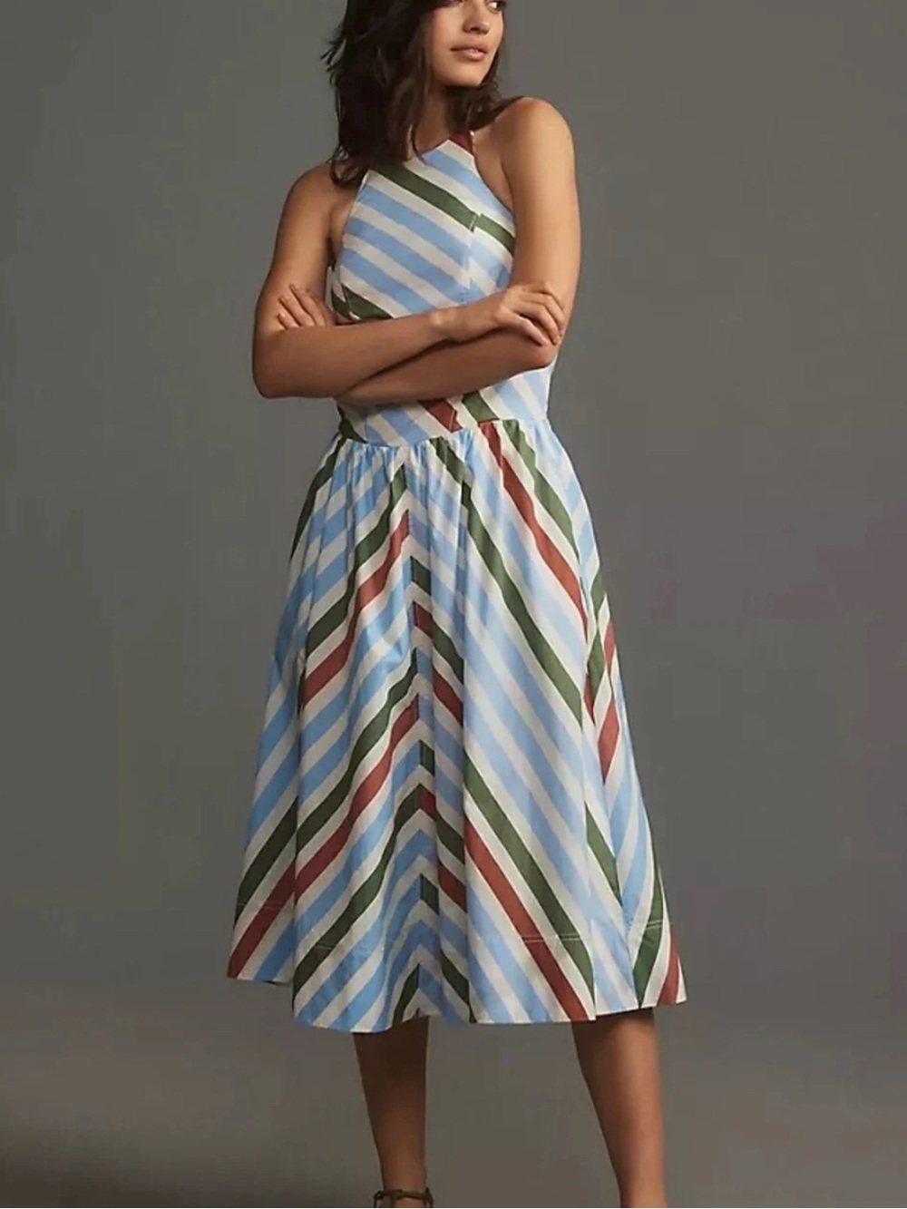 Maeve Diagonal Stripe Halter Midi Dress in Light Blue, Olive, Rust, White